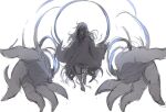 1girl bangs borrowed_character cloak commentary_request hair_between_eyes large_hands long_hair looking_at_viewer original otokuyou oversized_limbs red_eyes simple_background sketch solo spot_color torn_cloak torn_clothes white_background 