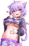  1girl :d absurdres ahoge animal_ears black_choker black_jacket breasts cat_ears cat_girl cat_tail choker deaver fang groin hand_on_own_stomach heart highres hololive jacket long_sleeves looking_at_viewer medium_breasts navel nekomata_okayu open_mouth purple_hair simple_background smile solo spread_navel stomach tail under_boob violet_eyes virtual_youtuber white_background 