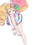  1girl akinbo_(hyouka_fuyou) bangs barefoot blonde_hair brown_eyes closed_mouth cure_summer earrings elbow_gloves fingerless_gloves flower from_above gloves hair_flower hair_ornament jewelry long_hair looking_at_viewer looking_up miniskirt multicolored_hair pink_flower pink_hair precure shiny shiny_hair simple_background sitting skirt smile solo tropical-rouge!_precure two-tone_hair very_long_hair white_background white_gloves white_skirt 