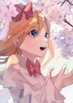  1girl :d absurdres ahoge bangs blonde_hair blue_eyes bow bowtie breasts capelet cherry_blossoms dappled_sunlight dress eyebrows_visible_through_hair falling_petals fingernails floating_hair flower hair_between_eyes hands_up hat hat_bow highres huge_filesize kappa_mame lily_white long_hair looking_up open_mouth outdoors petals pink_flower red_bow red_neckwear small_breasts smile solo sunlight touhou upper_body white_capelet white_dress white_headwear 