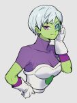  1girl bodysuit bodysuit_under_clothes breasts cheelai closed_mouth colored_skin dragon_ball dragon_ball_super dragon_ball_super_broly gloves green_skin grey_background kemachiku looking_at_viewer medium_breasts purple_bodysuit scouter short_hair simple_background smile solo upper_body violet_eyes white_gloves white_hair 