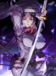  1girl bodysuit bow bow_(weapon) breasts fate/grand_order fate_(series) holding holding_bow_(weapon) holding_sword holding_weapon incoming_attack katana large_breasts long_hair looking_at_viewer minamoto_no_raikou_(fate) mozu_suka purple_hair solo sword thunder very_long_hair violet_eyes weapon 