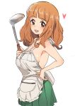  1girl absurdres apron bangs bare_shoulders blunt_bangs blush breasts brown_eyes eyebrows_visible_through_hair girls_und_panzer green_skirt heart highres holding holding_ladle ladle large_breasts long_hair looking_at_viewer mammoth9878 nearly_naked_apron non-web_source open_mouth orange_hair pleated_skirt simple_background sketch skirt smile solo takebe_saori upper_body white_background 