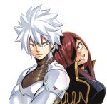  1boy 1girl back-to-back bangs blue_eyes brown_eyes clenched_teeth eden&#039;s_zero elsie_crimson eyepatch grin justice_(eden&#039;s_zero) long_hair mashima_hiro official_art redhead shiny shiny_hair silver_hair simple_background smile spiky_hair swept_bangs teeth upper_body white_background 