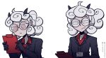  black_suit clipboard curly_hair demon_horns helltaker highres horns looking_at_object looking_at_viewer meme name_tag pandemonica_(helltaker) parody ponytail raised_eyebrow red_eyes red_shirt shirt sillyzer0 white_hair 