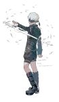  1boy black_blindfold black_footwear black_shirt black_shorts blindfold boots highres nier_(series) nier_reincarnation shirt short_hair short_sleeves shorts simple_background solo sword ukumo_uichi weapon white_background white_hair yorha_no._9_type_s 