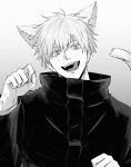  1boy absurdres animal_ears bangs cat_boy cat_ears cat_tail gojou_satoru greyscale hair_between_eyes hand_up high_collar highres jacket jujutsu_kaisen long_sleeves looking_at_viewer male_focus monochrome open_mouth short_hair simple_background smile solo tail tongue tongue_out upper_body xxhane 