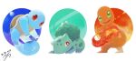  bright_pupils bulbasaur charmander closed_mouth commentary_request dated fangs fire gen_1_pokemon green_eyes highres looking_at_viewer no_humans open_mouth pokemon pokemon_(creature) red_eyes signature smile squirtle starter_pokemon_trio yu_ikedon 