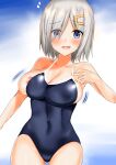  1girl ass_visible_through_thighs blue_eyes blue_swimsuit breasts commentary_request competition_school_swimsuit covered_navel eyes_visible_through_hair gradient gradient_background hair_ornament hair_over_one_eye hairclip hamakaze_(kancolle) highres kantai_collection large_breasts looking_at_viewer masa_(masa_craft_twi) school_swimsuit short_hair silver_hair solo swimsuit swimwear thigh_gap white_background 