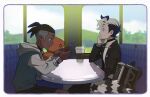  2boys black_choker black_hair black_jacket choker closed_mouth commentary cup dark_skin dark_skinned_male day disposable_cup dynamax_band earrings from_side galarian_form galarian_zigzagoon gen_3_pokemon gen_8_pokemon head_rest holding holding_phone hood hoodie jacket jewelry long_sleeves male_focus multicolored_hair multiple_boys phone piers_(pokemon) pokemon pokemon_(creature) pokemon_(game) pokemon_swsh raihan_(pokemon) shirt shorts sitting smile train_interior trapinch two-tone_hair undercut white_hair white_shirt window younger zigzagdb 