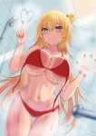  1girl against_glass akai_haato bangs bathroom bikini blonde_hair blue_eyes blush boku_no_edamame breast_press breasts drawing heart highres hololive large_breasts long_hair looking_at_viewer red_bikini shower_(place) shower_head solo swimsuit thigh_gap tile_wall tiles untied untied_bikini very_long_hair virtual_youtuber wet 