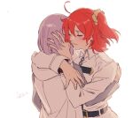  2girls closed_eyes couple fate/grand_order fate_(series) fujimaru_ritsuka_(female) hair_ornament highres hug mash_kyrielight multiple_girls orange_hair purple_hair roru_(lol_dessin) scrunchie shirt short_hair side_ponytail sweater white_shirt white_sweater yuri 