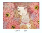  1girl border brown_eyes brown_hair cat_day dated flower grey_cat hair_ornament hairclip long_sleeves momo_walnut original pink_flower pink_nails short_hair solo sweater upper_body white_border yellow_sweater 