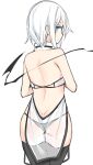  1girl ass back bare_arms bare_shoulders black_legwear black_panties blue_eyes closed_mouth commentary_request cowboy_shot from_behind looking_at_viewer looking_back original otokuyou pale_skin panties ribbon-trimmed_collar ribbon_trim ringo-chan_(otokuyou) see-through short_hair simple_background solo thigh-highs underwear white_background white_hair 
