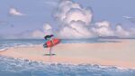  1girl beach clouds cumulonimbus_cloud floating_hair from_side highres holding holding_surfboard lighthouse long_hair mahosame ocean original scenery sky solo summer surfboard 