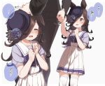  :d ^_^ animal_ears bangs black_bow black_hair black_jacket black_pants blue_flower blue_headwear blue_rose blue_shirt blush bow closed_eyes commentary_request eyebrows_visible_through_hair feet_out_of_frame flower hair_over_one_eye hat hat_flower highres horse_ears horse_girl horse_tail jacket long_hair long_sleeves open_mouth pants petting pleated_skirt puffy_short_sleeves puffy_sleeves rice_shower rose shirt short_sleeves simple_background skirt sleeve_tug smile tail thigh-highs tilted_headwear translation_request umamusume very_long_hair violet_eyes white_background white_legwear white_skirt yukie_(kusaka_shi) 