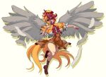  1girl :d animal_on_head bangs bird bird_on_head bird_tail bird_wings boots breasts brown_footwear chick dress eyebrows_visible_through_hair feathered_wings feathers full_body grey_wings large_breasts leg_up looking_at_viewer machi multicolored_hair navel niwatari_kutaka on_head one-hour_drawing_challenge open_mouth orange_dress orange_hair pixel_art red_eyes red_neckwear redhead short_hair short_sleeves simple_background smile solo tail_feathers touhou two-tone_hair wings yellow_background 