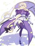  1girl akebono_kt armor armored_dress blonde_hair blue_eyes fate/grand_order fate_(series) flag full_body highres holding holding_flag jeanne_d&#039;arc_(fate) jeanne_d&#039;arc_(fate)_(all) long_hair ponytail purple_legwear simple_background solo standing standing_on_one_leg very_long_hair 