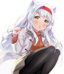  1girl anbutter_siruko animal_ears black_legwear blush cat_ears coat eyebrows_visible_through_hair feet_out_of_frame headband kantai_collection long_hair long_sleeves open_clothes open_coat orange_sweater pantyhose parted_lips red_headband shoukaku_(kancolle) simple_background solo sweater white_background white_coat white_hair yellow_eyes 
