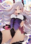  1girl ass_visible_through_thighs black_legwear black_leotard bow caren_hortensia caren_hortensia_(amor_caren) choker fate/grand_order fate_(series) floating_hair frills groin headgear heart kirie_nozomi leotard long_hair looking_at_viewer parted_lips red_bow red_eyes short_sleeves solo striped striped_leotard thigh-highs thighs underbust very_long_hair white_choker white_hair wrist_cuffs 