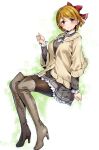  1girl black_legwear black_skirt boots bow brown_hair brown_legwear closed_mouth commentary_request eyebrows_visible_through_hair full_body hair_bow highres koizumi_hanayo long_sleeves looking_at_viewer love_live! love_live!_school_idol_project nakano_maru pantyhose pink_eyes red_bow sitting skirt smile solo thigh-highs thigh_boots white_background 