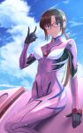  1girl bangs black_gloves blue_eyes blue_hairband blue_sky bodysuit brown_hair clouds day glasses gloves grin hair_between_eyes hairband highres long_hair looking_at_viewer low_twintails makinami_mari_illustrious neon_genesis_evangelion outdoors pink_bodysuit plugsuit rebuild_of_evangelion red-framed_eyewear shiny shiny_clothes shiny_hair sky smile solo turtleneck twintails yuki-sky 