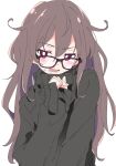  1girl black_sweater blush brown_hair commentary eyebrows_visible_through_hair glasses hair_between_eyes ixy long_hair long_sleeves looking_at_viewer open_mouth original red_eyes simple_background solo sweater turtleneck turtleneck_sweater upper_body white_background 