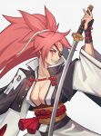  1girl angry baiken eyepatch guilty_gear guilty_gear_xrd highres holding holding_sword holding_weapon kimino long_hair looking_at_viewer luzzeo00 pink_eyes pink_hair ponytail samurai solo_focus sword weapon 