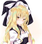  1girl bangs black_headwear blonde_hair blush bow braid breasts brown_eyes closed_mouth eyebrows_visible_through_hair hat hat_bow kirisame_marisa long_hair looking_at_viewer nanase_nao puffy_short_sleeves puffy_sleeves shirt short_sleeves small_breasts solo touhou upper_body white_bow white_shirt witch_hat yellow_eyes 