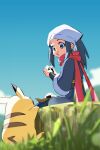  1girl :t black_hair clouds day eating eyelashes female_protagonist_(pokemon_legends:_arceus) food food_on_face from_below gen_1_pokemon grass grey_eyes hands_up head_scarf holding long_hair looking_to_the_side onigiri outdoors pikachu pokemon pokemon_(creature) pokemon_(game) pokemon_legends:_arceus ponytail red_scarf rice rice_on_face scarf sidelocks sitting sky white_headwear yoko.u 