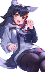  1girl absurdres animal_ears black_hair black_legwear deaver highres hololive jacket long_hair long_sleeves looking_at_viewer multicolored_hair ookami_mio open_mouth pantyhose red_eyes redhead simple_background solo streaked_hair tail virtual_youtuber white_background wolf_ears wolf_tail 