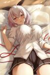  amano_kusatsu azur_lane back bangs bed bed_sheet black_skirt bra bra_peek breasts bursting_breasts cherry_blossoms commentary_request curtains frilled_bra frills hair_between_eyes hair_ribbon highres large_breasts lying on_back on_bed pillow pleated_skirt red_ribbon ribbon school_uniform shirt sirius_(azur_lane) skirt sleeves_rolled_up smile soga_no_tojiko thighs twitter_username underwear violet_eyes white_hair white_shirt 