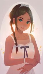  1girl absurdres aonuma_neiru bow braid brown_hair dark_skin dark-skinned_female dress green_eyes hair_bow hair_ornament hairclip hanr10 highres long_hair simple_background sleeveless standing white_bow white_dress white_nails wonder_egg_priority wristband 