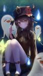  1girl absurdres blush brown_hair chinese_clothes doham fang flower genshin_impact ghost hat highres hu_tao huge_filesize jewelry long_sleeves looking_at_viewer nail_polish open_mouth red_eyes ring sitting socks 