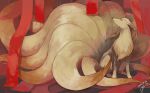  closed_mouth commentary_request dated gen_1_pokemon looking_back ninetales no_humans paws pokemon pokemon_(creature) red_eyes red_ribbon ribbon signature sitting solo toes yu_ikedon 