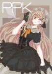  1girl a1060119 absurdres breasts frilled_hairband frills girls_frontline gloves gothic_lolita hairband highres light_brown_eyes light_brown_hair lolita_fashion long_hair ppk_(girls_frontline) puffy_short_sleeves puffy_sleeves short_sleeves smile solo very_long_hair 