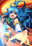  1girl absurdres angry aqua_(konosuba) blue_eyes blue_hair boots clenched_hand commentary detached_sleeves hair_rings highres huge_filesize izawa_koushi kono_subarashii_sekai_ni_shukufuku_wo! long_hair open_mouth punching sleeveless solo thigh-highs thigh_boots 