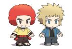  2boys afro black_choker black_shirt blonde_hair blue_jacket brown_eyes brown_pants chibi choker collared_shirt commentary_request elite_four flint_(pokemon) grey_footwear gym_leader jacket long_sleeves male_focus multiple_boys open_clothes open_jacket pants pokemon pokemon_(game) pokemon_dppt redhead rnehrdyd1212 sandals shirt shoes smile spiky_hair standing volkner_(pokemon) yellow_shirt 
