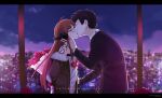  1boy 1girl absurdres ahoge amamiya_ren arcsinus black_hair bouquet city couple english_text eyewear_removed flower fur_collar headphones hetero highres holding holding_bouquet kiss long_hair night orange_hair persona persona_5 sakura_futaba white_day 