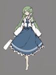  1girl barefoot blue_skirt bolos detached_sleeves empty_eyes frog_hair_ornament gohei green_eyes green_hair grey_background hair_ornament hair_tubes kochiya_sanae legs_together long_hair long_skirt nontraditional_miko shirt skirt sleeveless sleeveless_shirt snake_hair_ornament solo standing touhou white_shirt 