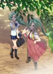 2girls :d black_legwear blue_skirt blush brown_footwear collared_shirt day dress_shirt floating_hair from_above full_body green_eyes green_hair grin gulim hair_ribbon hand_on_hip highres higurashi_no_naku_koro_ni kneehighs loafers long_hair long_skirt looking_at_viewer miniskirt multiple_girls necktie open_clothes open_mouth open_vest outdoors pleated_skirt ponytail red_neckwear red_skirt ribbon shiny shiny_hair shirt shoes short_sleeves siblings sisters skirt smile socks sonozaki_mion sonozaki_shion standing striped striped_neckwear twins very_long_hair vest white_shirt wind wing_collar yellow_ribbon yellow_vest