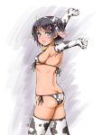  1girl akimoto_dai animal_ears animal_print artist_name ass bikini black_hair braid butt_crack commentary_request cow_ears cow_horns cow_print cow_tail cowboy_shot dated elbow_gloves fake_animal_ears fake_horns from_behind gloves green_eyes highres horns kantai_collection looking_at_viewer mole mole_under_eye scirocco_(kancolle) short_hair side-tie_bikini solo swimsuit tail tan thigh-highs two_side_up white_bikini white_gloves white_legwear 