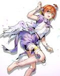  1girl alternate_costume angel_wings barefoot blue_shorts bow bowtie highres hoshizora_rin leg_garter legs looking_at_viewer love_live! love_live!_school_idol_project nail_polish nakano_maru open_mouth orange_hair purple_neckwear shorts simple_background solo striped striped_neckwear toenail_polish white_background white_wings wings wrist_cuffs yellow_eyes yellow_nails 