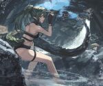 1girl aito arknights bare_shoulders bikini black_bikini black_gloves black_headwear breasts crocodilian_tail day fingerless_gloves from_behind gavial_(arknights) gloves green_hair hand_up highres long_hair long_tail looking_at_viewer looking_back outdoors parted_lips pointy_ears pond ponytail rock small_breasts smile soaking_feet solo swimsuit tail thigh_strap very_long_hair visor_cap water yellow_eyes