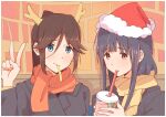  2girls antlers black_hair brown_hair coat drinking drinking_straw drinking_straw_in_mouth fake_horns food french_fries hat hibike!_euphonium highres horns kasaki_nozomi liz_to_aoi_tori long_hair mouth_hold multiple_girls ponytail reindeer_antlers santa_hat sawara65 scarf upper_body yoroizuka_mizore 