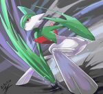  closed_mouth commentary_request dated from_below frown gallade gen_4_pokemon motion_blur pokemon pokemon_(creature) red_eyes signature solo squatting yu_ikedon 
