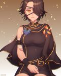  1girl artist_name bandaged_arm bandages belt belt_buckle black_belt black_capelet black_jumpsuit breasts brown_hair buckle capelet cinder_fall closed_mouth crying crying_with_eyes_open eyepatch kio_rojine looking_at_viewer medium_breasts rwby shiny shiny_hair short_hair sitting solo tears wristband yellow_eyes 