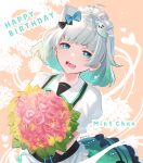  1girl bangs black_bow blue_bow blue_eyes bouquet bow character_name eyebrows_visible_through_hair flower ghost_hair_ornament gradient_hair green_hair green_skirt hair_behind_ear hair_bow happy_birthday heart highres holding holding_bouquet indie_virtual_youtuber juliet_sleeves kgr leaf long_sleeves maid mint_fantome multicolored_hair open_mouth pink_flower puffy_sleeves skirt smile solo virtual_youtuber white_hair 