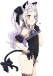  1girl :d animal_ears ass bangs black_gloves black_swimsuit blunt_bangs cat_ears cat_tail flat_chest frills gloves h2o_(ddks2923) highres hololive long_hair looking_at_viewer murasaki_shion one-piece_swimsuit open_mouth orange_eyes silver_hair simple_background smile solo swimsuit tail twintails virtual_youtuber white_background 
