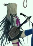  1girl arm_up bangs black_hair black_nails black_skirt blue_legwear character_print commentary_request dangan_ronpa_(series) dangan_ronpa_2:_goodbye_despair electric_guitar guitar highres holding instrument iumi_urura knee_up long_hair microphone mioda_ibuki monomi multicolored_hair neckerchief piercing pink_hair pleated_skirt rope sailor_collar school_uniform scrunchie serafuku shirt short_sleeves skirt solo spoilers thigh-highs torn_clothes torn_legwear very_long_hair white_hiar wrist_scrunchie zettai_ryouiki 